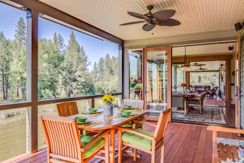 Sun room and porch in new Montana home